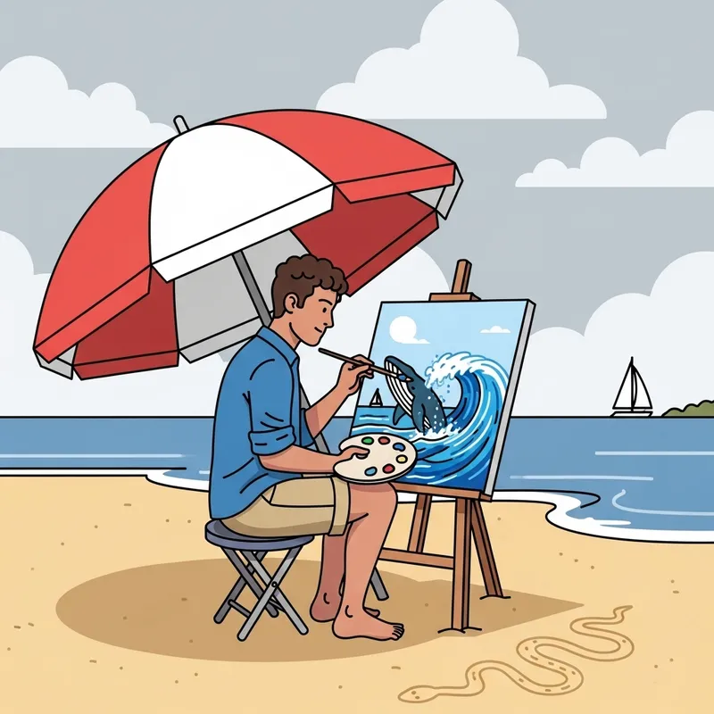 Young Artist Painting Whale, Wave, Boat | Serene Bay Scene