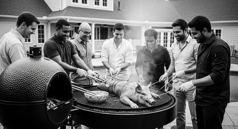 Festive Backyard BBQ: Diverse Men Roasting Whole Pig Festive Backyard BBQ: Diverse Men Roasting Whole Pig
