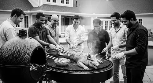 Diverse Men Roasting Whole Pig at Festive BBQ Party