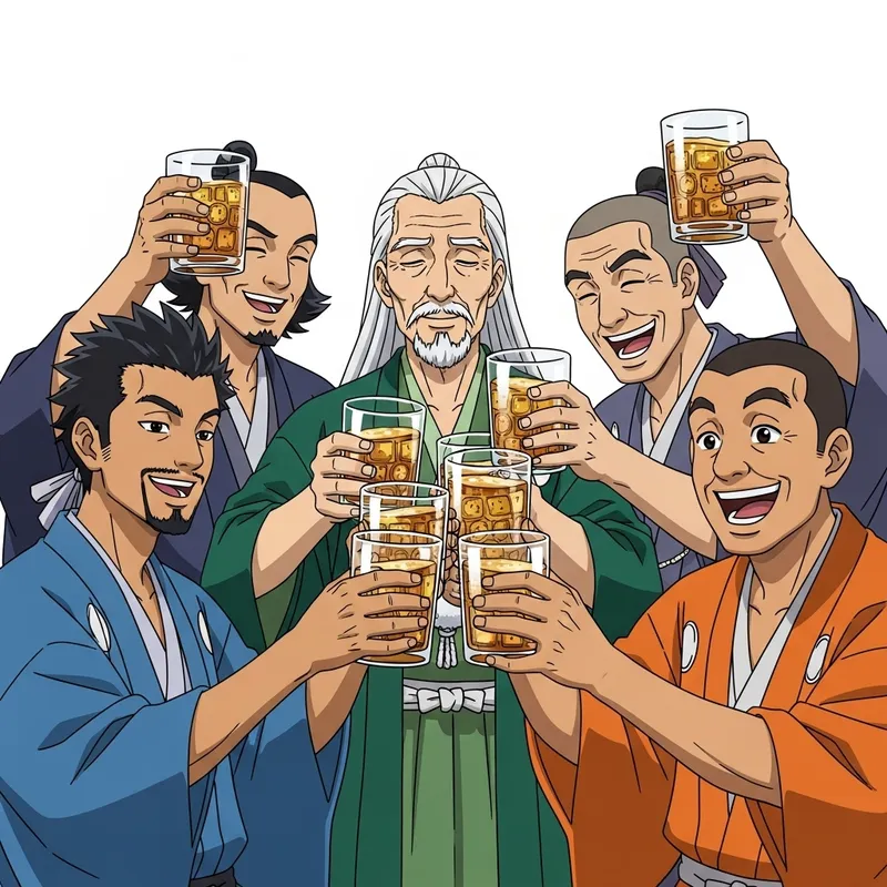 Animated Drunk Anime Men Toasting Glasses Joyfully Animated Drunk Anime Men Toasting Glasses Joyfully