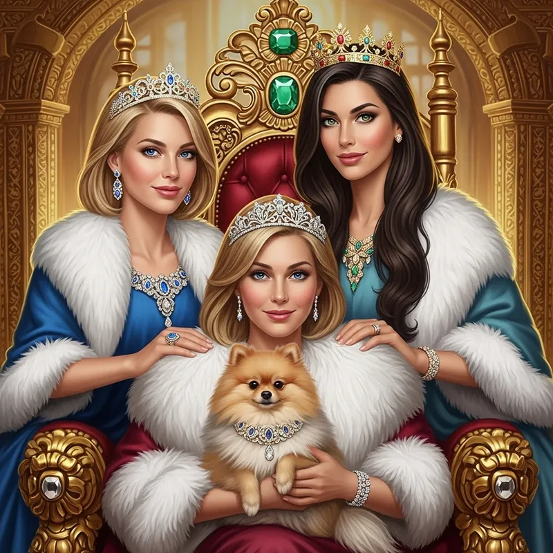 Opulent Vintage Portrait of Wealthy Women with Pomeranian Dog