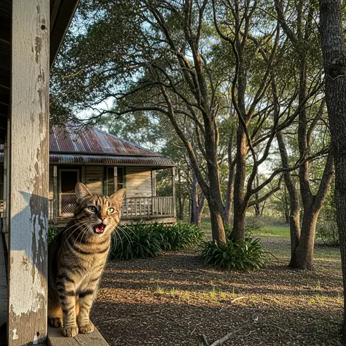Rural House with Woods and Meowing Cat