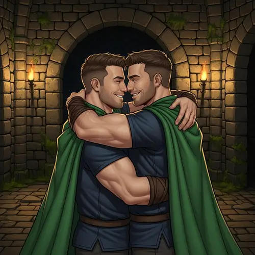 Muscular Adventures Embracing in Bright Green Capes