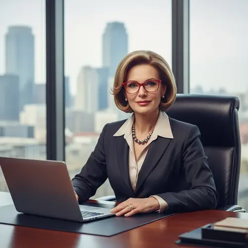 Professional 45-Year-Old Woman in Stylish Red Glasses