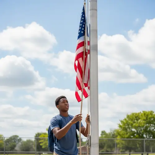 Student Attempts to Raise School Flag - Inspiring Scene
