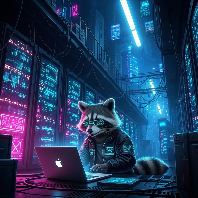 Neon Cyberpunk: Mischievous Raccoon Hacking in Futuristic Data Center