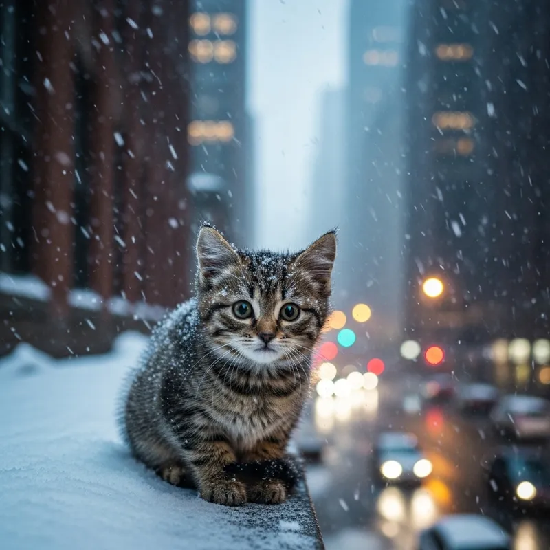 Adorable Kitten in Snowy City | Photorealistic Art