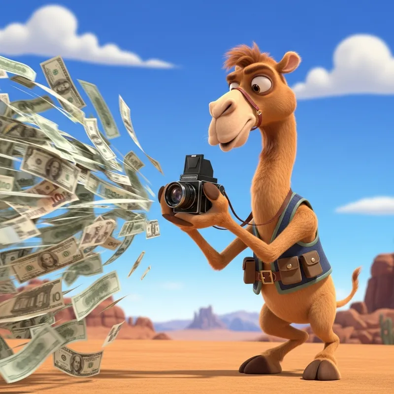 Camel Recording Cash in Pixar Style Animation
