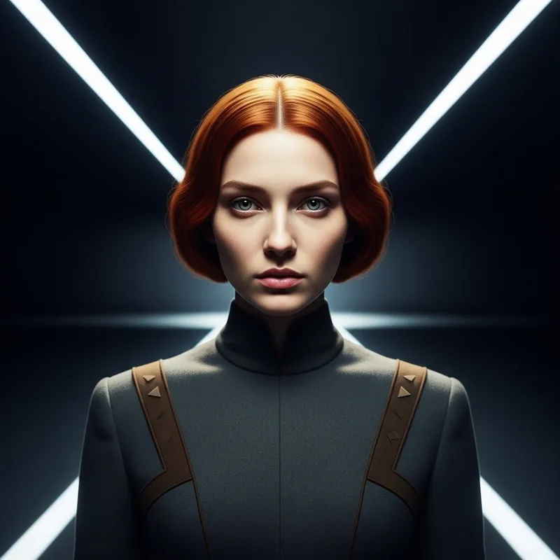 Red-Haired Woman with Light Eyes in Kubrickesque Cinematic Style