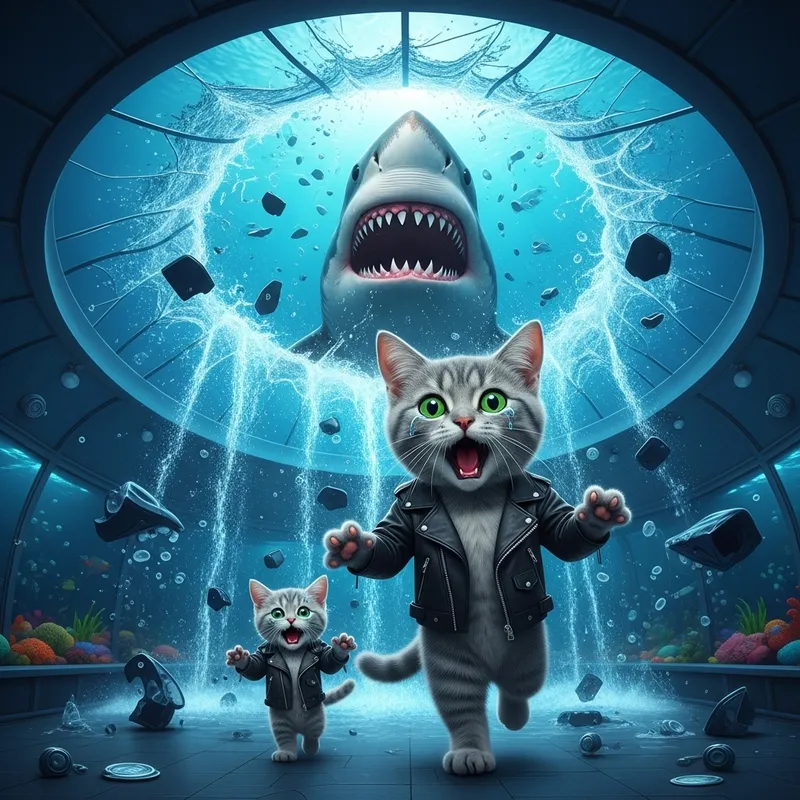 Adorable Cats in a Shark Aquarium Panic
