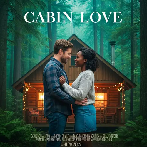 Cabin Love: Romantic Movie Poster | Quaint Cabin in Lush Forest