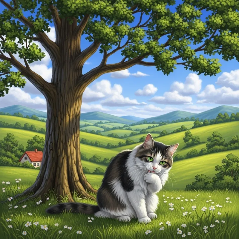 Tranquil Countryside Scene with Domestic Cat - Serene Afternoon