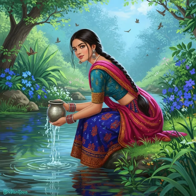 Pretty Girl Collecting Water from River - Serene Natural Scene