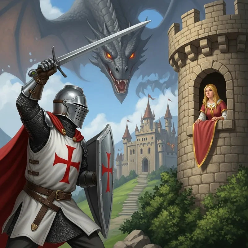 Templar Knight Rescues Princess from Dragon in Castle Templar Knight Rescues Princess from Dragon in Castle
