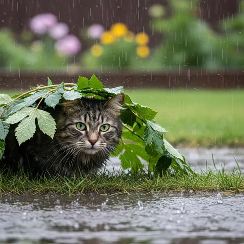 Domestic Cat Seeking Shelter Under MakeShift Canopy in Rain