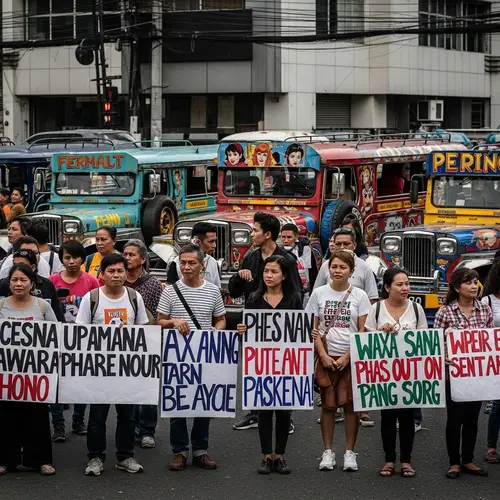 Diverse Crowd Protesting Traditional Jeepneys in Philippines