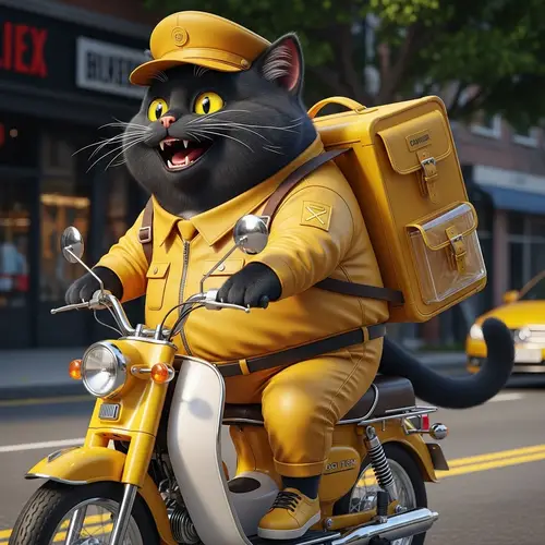 Chubby Cartoon-Style Black Cat Courier on Yellow Moped