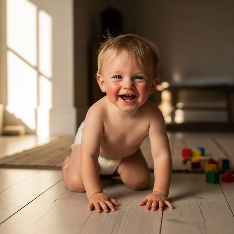 Joyful Toddler Laughing in Warmly Lit Room Joyful Toddler Laughing in Warmly Lit Room
