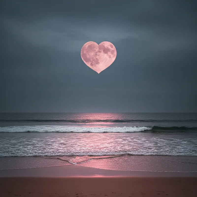 Enchanting Ocean Beach with Heart Shaped Pink Moon