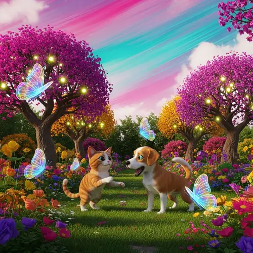 Enchanting Cat and Dog Play in Fantastical Garden