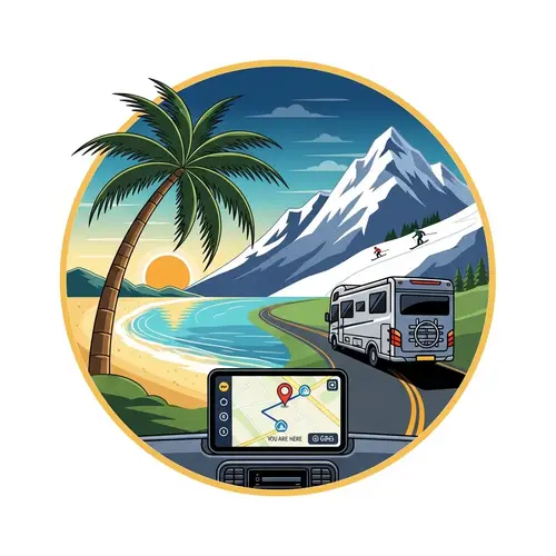 Elegant Travel Logo: Palm Tree, Sea, Mountain, Sun, Motorhome