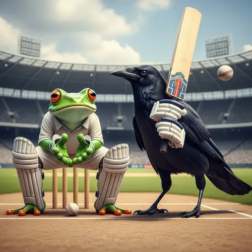 Unusual Cricket Match with Frog Wicketkeeper and Crow Batsman