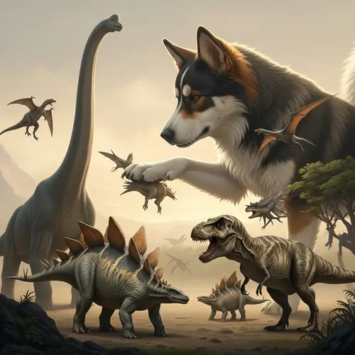 Mythical Dog and Prehistoric Dinosaurs Interaction - Fantastical Scene