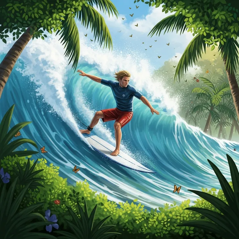 Surfer in a Lush Garden with Palm Trees