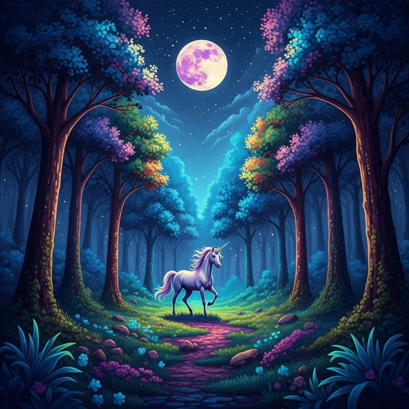 Mystical Moonlit Forest with a Prancing Unicorn Mystical Moonlit Forest with a Prancing Unicorn