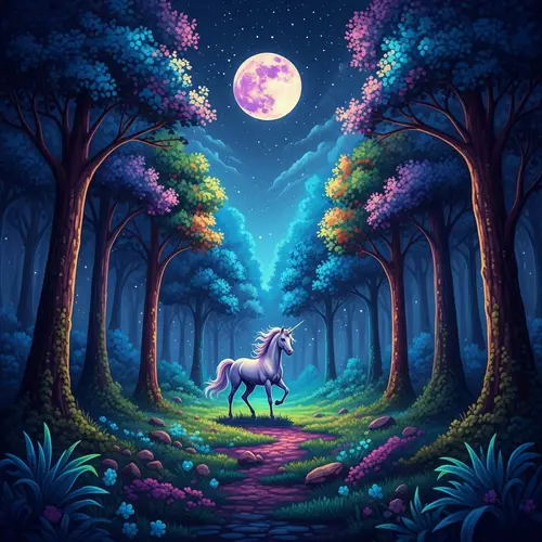 Mystical Moonlit Forest with a Prancing Unicorn