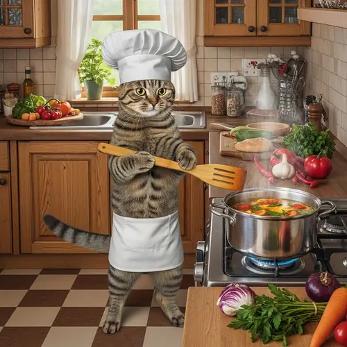 Cat Chef Cooking Soup in Rustic Kitchen