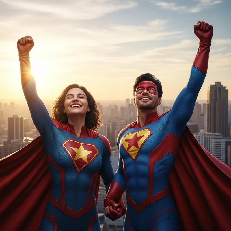 Happy Allies: Realistic Image of Joyful Superhero Partners