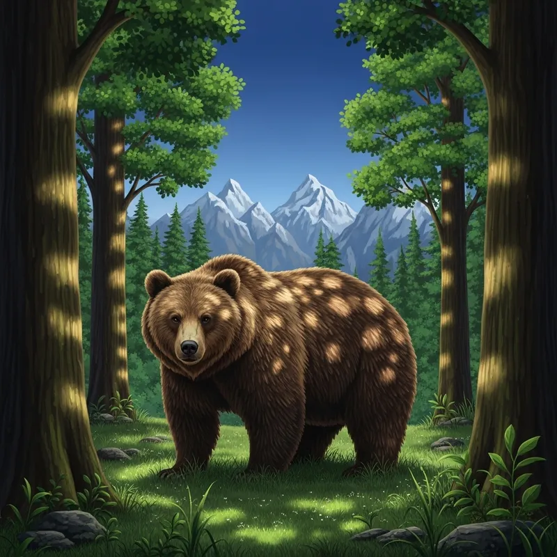 Beautiful 'Oso' Brown Bear Illustration in Enchanting Forest