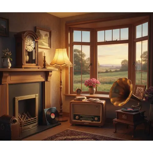 Vintage Artifacts Room: Nostalgic Setting with Antique Clock, Retro Radio, Gramophone, Lamp & Bay Window