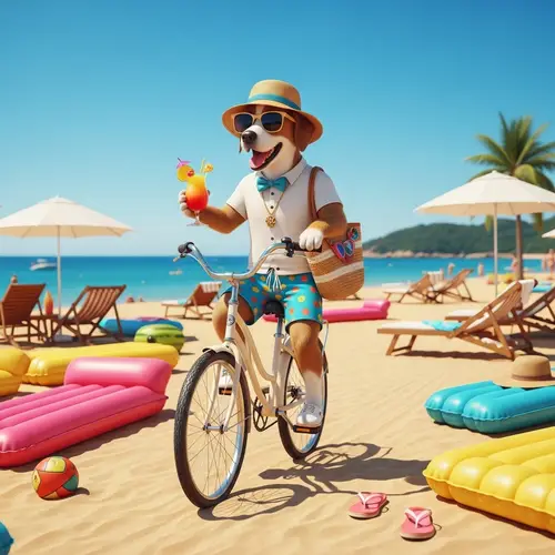 Stylish Beach Dog on Vintage Bicycle | Beach Resort Fun