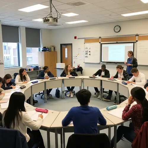 Diverse Classroom Setting with Female and Male Students Learning