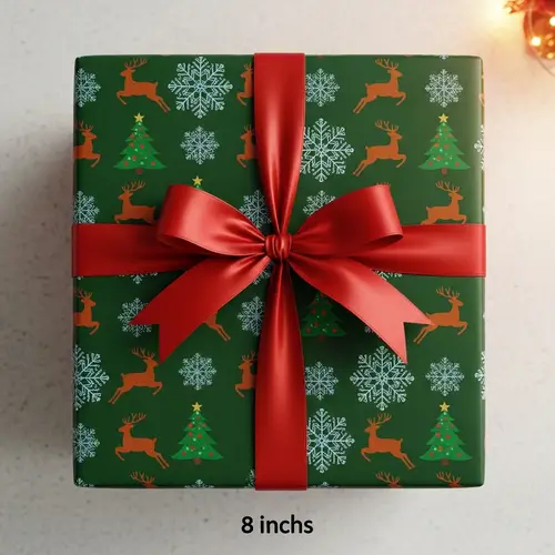 Festive Holiday Gift Box with Colorful Snowflakes & Reindeers