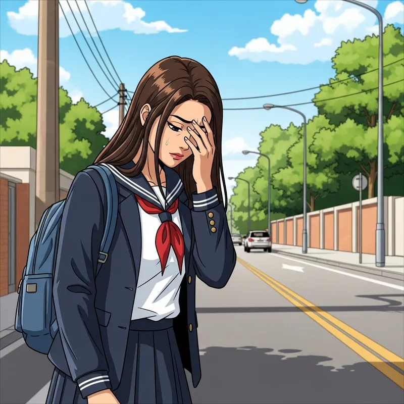 Contemplative Teenage Girl - Vibrant Anime-Inspired Scene