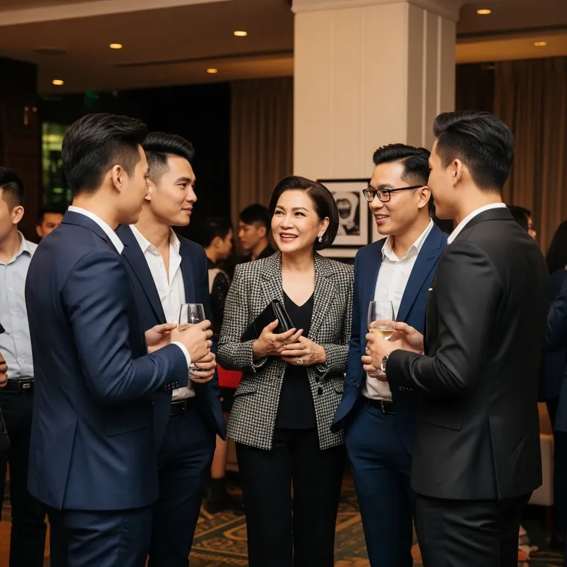 Beautiful Vietnamese Woman in Stylish Attire with Handsome Men