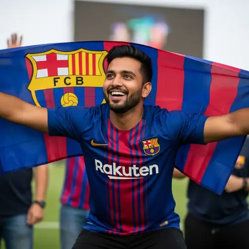 Excited Barcelona Soccer Fan in Classic Jersey and Matching Flag