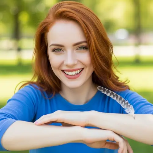 Joyous 21-Year-Old Redhead Woman Giggling Playfully | Outdoor Park