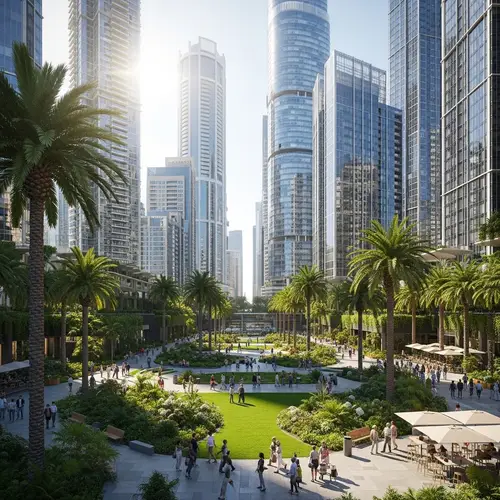 Modern City with Gardens, Palm Trees & High-rise Buildings