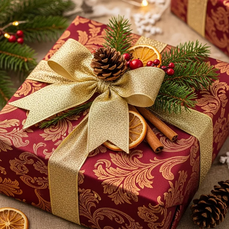 Elegant Christmas Gift Wrapping with Burgundy Fabric and Gold Accents