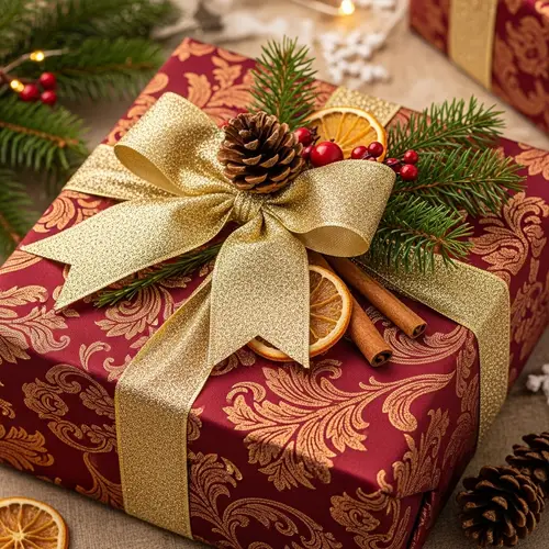 Exquisite Christmas Gift with Burgundy Fabric and Gold Accents