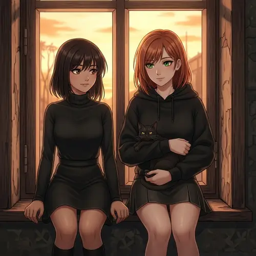Enchanting Golden Sunset Scene with Two Girls and a Black Cat