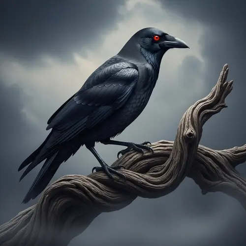 Red-Eyed Crow Perched on Gnarled Branch