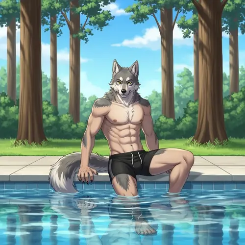 Male Wolf Demi-Human Relaxing by Pool | Ethereal Vibe