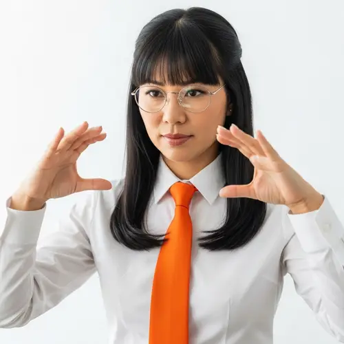 Asian Woman in White Shirt with Glasses & Orange Tie