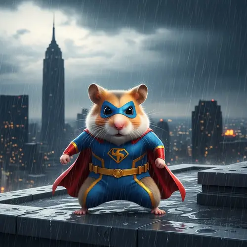 Heroic Hamster: Fierce Superhero in Rainy City Scene
