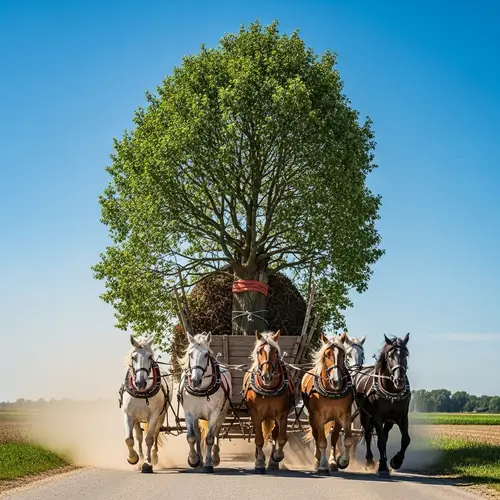 Transporting a Large Tree by Horse-Drawn Cart | Countryside Scene